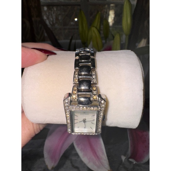 Anne Klein Womens Rectangular Mother of Pearl Dial Crystal Watch Silver‎ Tone - Picture 3 of 12
